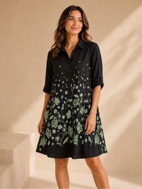 Hobbs London Black Green Floral Border Print Shirt Dress Size 16